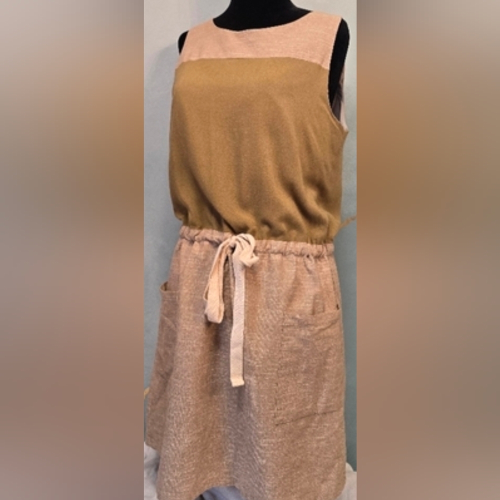 Hive & Honey Linen Cotton Blend Olive Green Tan Sleeveless Dress M Colorblock